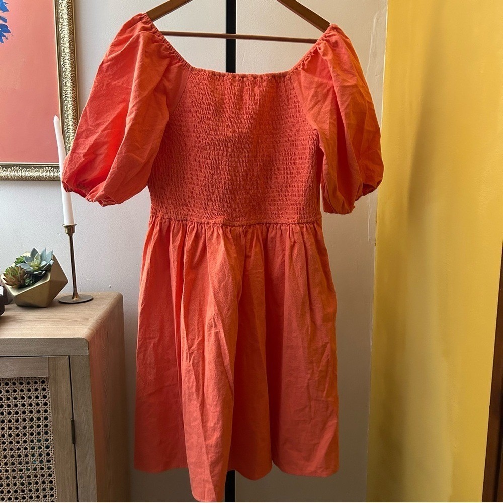 Ivy City Co. Sage Dress Puff Sleeve Mini Smocked Pockets Coral Orange NWT Size L - Picture 6 of 7